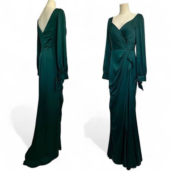 LaDivine Wrap-Effect Emerald Satin Gown 10 Formal Wedding Christmas Gala Glam - Picture 4 of 16